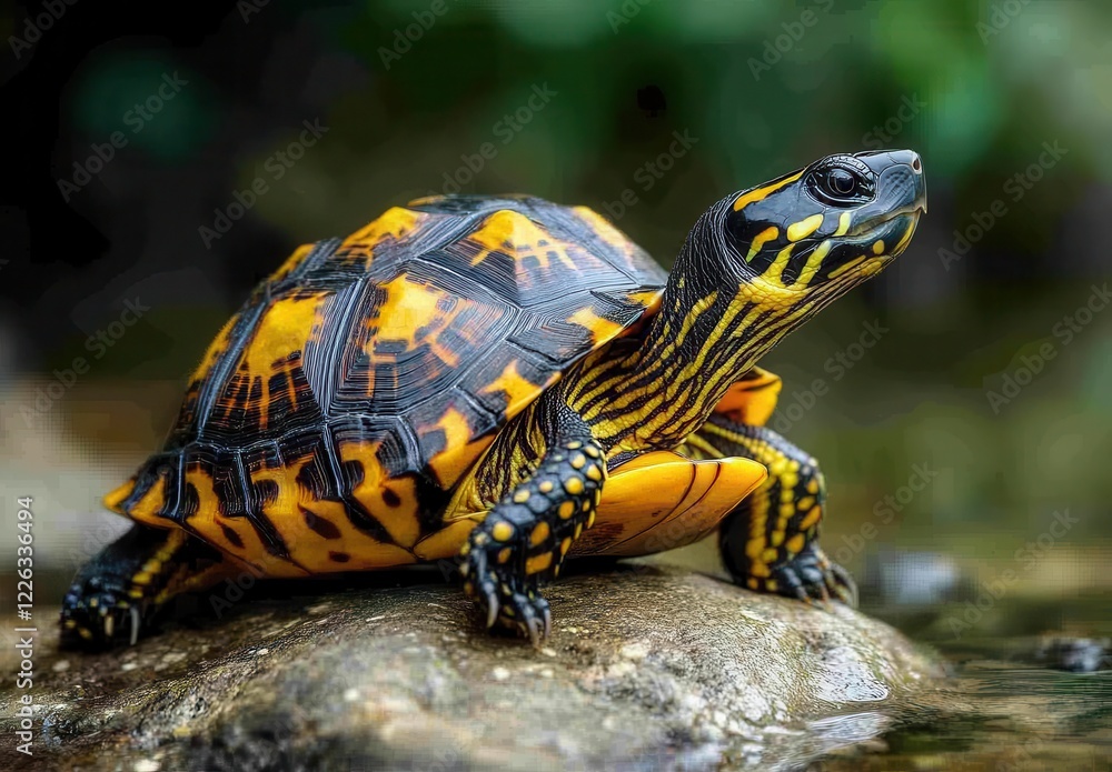 Poster close-up view of an intricate patterned turtle resting on a rock beside a calm waterbody in a natura