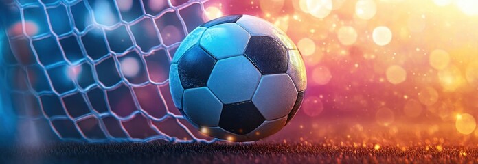 Soccer Ball Entering Goal with Vibrant Bokeh Lighting Effects in Blue and Pink