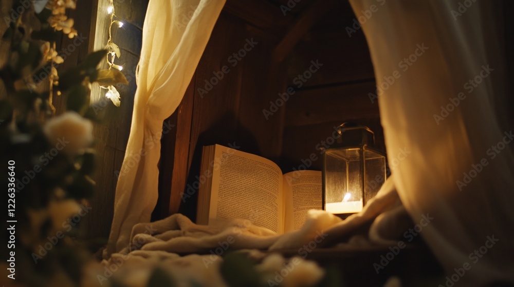 Poster cozy reading nook with open book lantern and draped fabric under warm string lights