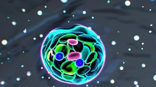 Human cell with glowing organelles in a fluid biological environment


