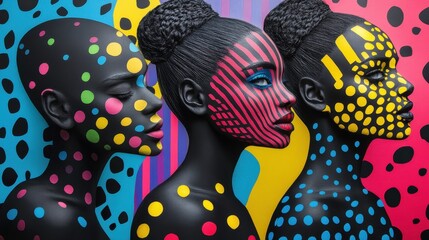 Three women with vibrant, colorful face paint. Perfect for fashion, beauty, or art projects showcasing diversity.