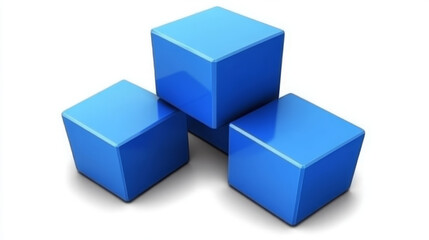 Obraz premium three blue cubes stacked in a glossy 3d arrangement showcasing a shiny minimalist geometric design on a white background with reflecting texture in an abstract composition