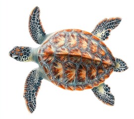 Colorful Sea Turtle Swimming Gracefully in Clear Ocean Water with Vibrant Patterns and Textures Captured from Above, Underwater Wildlife Photography