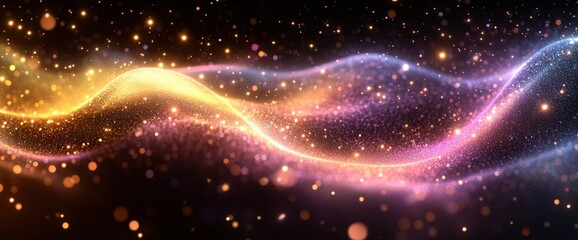 Obraz premium Abstract Sparkling Wave with Gold Pink Purple and Blue Glitter Particles on Dark Background