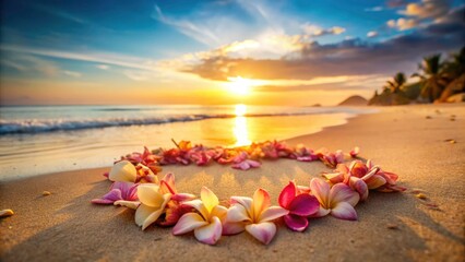 Tilt-Shift Tropical Heart: Delicate Flower Petals on Sandy Beach