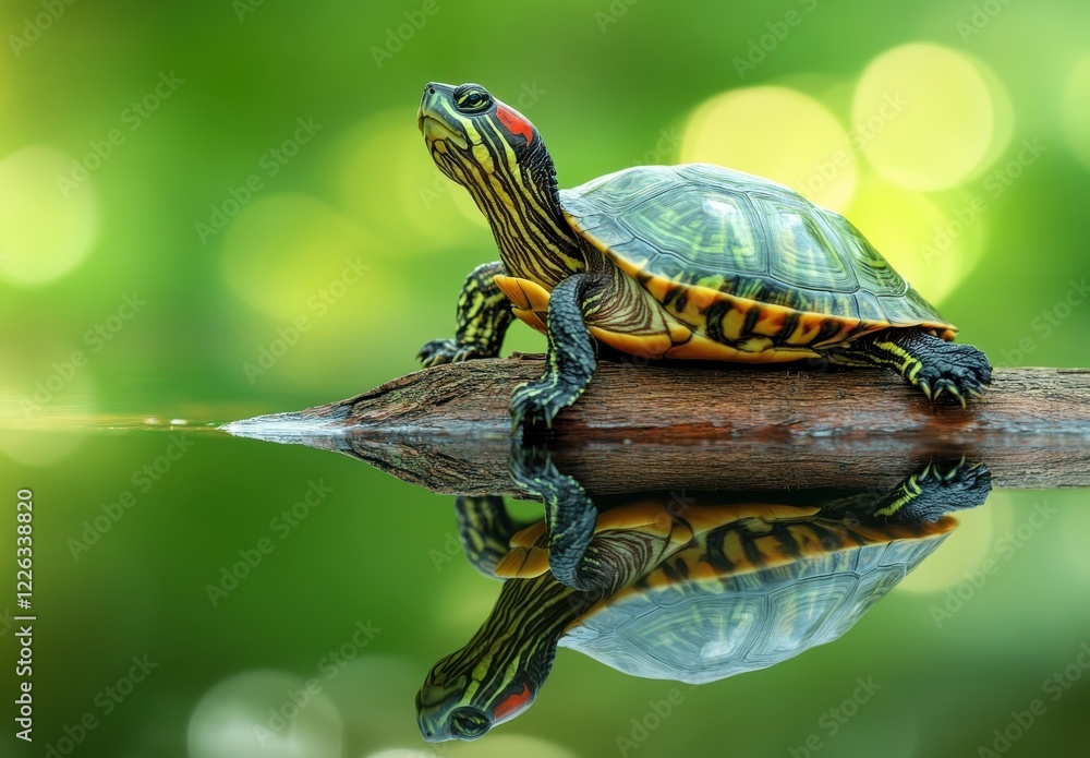 Poster colorful turtle basking on a log with calm water reflection and soft green bokeh background in seren