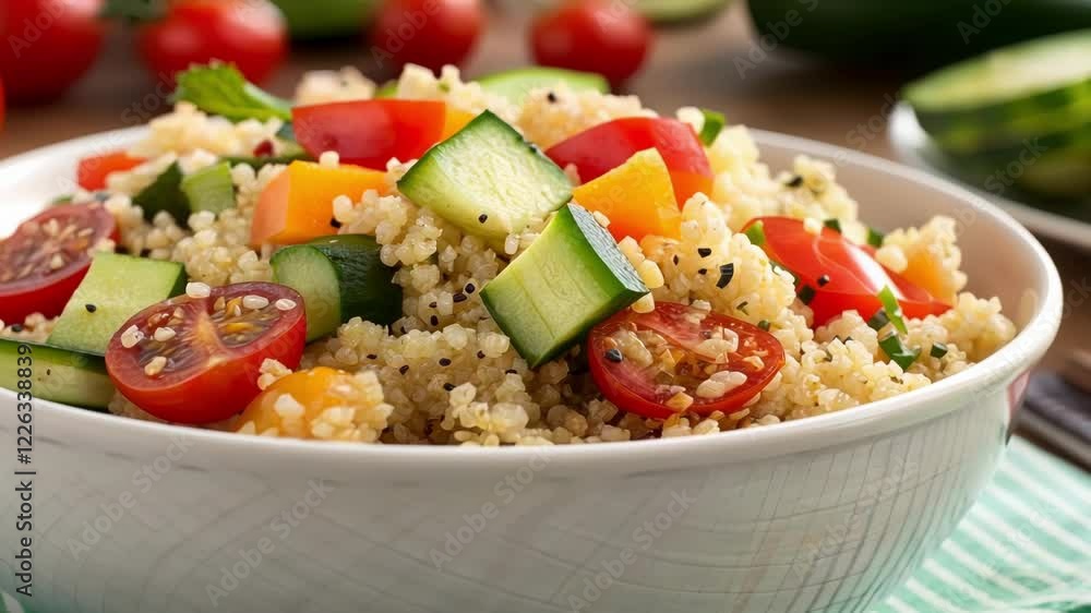 Poster a macro shot of a colorful quinoa salad featuring specks of quinoa mixed with diced cucumbers and ch
