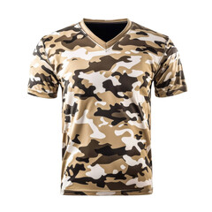 Naklejka premium Camouflage t shirt in beige, brown, and black colors, featuring v neck design. Ideal for outdoor activities and casual wear, this shirt combines style with functionality