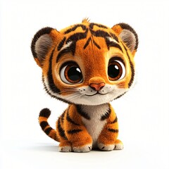 Fototapeta premium Adorable Cartoon Baby Tiger Cub Cute Big Eyes Orange Fur Wildlife Animal