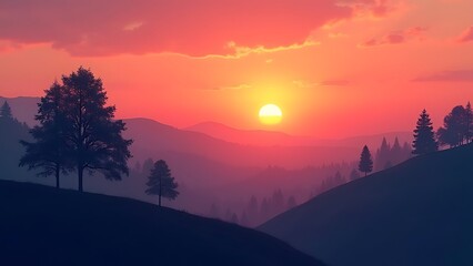 serene sunset abstract trees hillside landscape