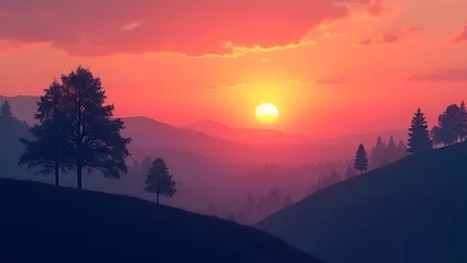 Fototapeten serene sunset abstract trees hillside landscape © Beratonic Studios