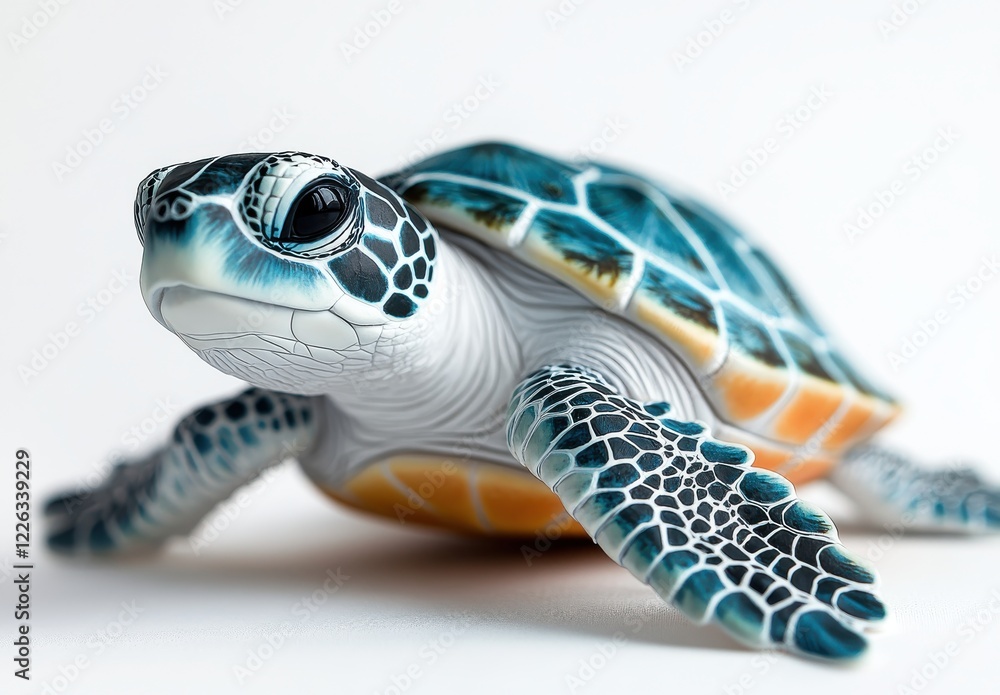 Poster colorful turtle model showcasing intricate details on shell and body emphasizing vibrant colors, mar