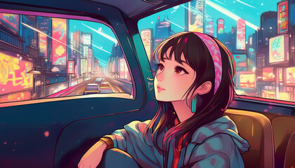 アニメ・漫画風のタクシーの後部座席　車窓から外の街の様子を眺めるもの憂げな女の子がドライブするイラスト　チルホップ・移動・自動車・座席　ネオンで輝く都市の風景　