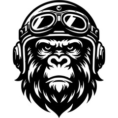 Tattoo of gorilla biker in motorcycle helmet in monochrome. Monkey motorcyclist. Engraving minimalistic vector in black ink drawing on transparent background