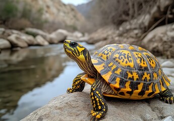 Colorful turtle perched on a rock by a serene river, showcasing vibrant patterns and textures amidst a tranquil natural landscape