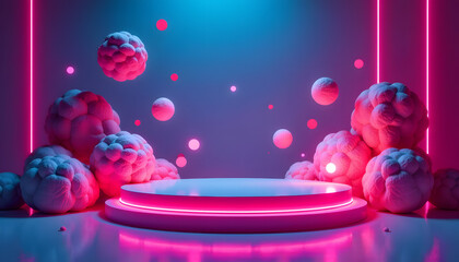 Fototapeta premium 3D Podium with Floating Geometric Shapes in Neon Tones