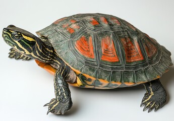 Obraz premium Colorful turtle resting gracefully on a flat surface displaying intricate patterns and vibrant colors in a well-lit environment for a nature photography collection