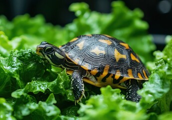 Obraz premium Colorful turtle resting on a bed of fresh green lettuce in a vibrant and natural setting, showcasing unique shell patterns and bright colors.
