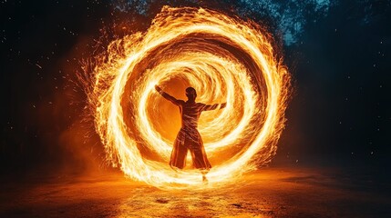 Fire dancers spinning flames in the night, captured in motion with light trails 