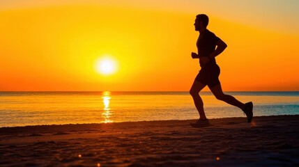 A jogger moves steadily along the shoreline as the sun rises, illuminating the sky with bright orange hues reflecting on the water