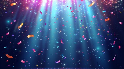 Celebration background with colorful confetti and bright light beams for special events and festivities