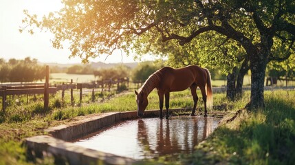Horse Drinking Water by Tranquil Pond at Sunset