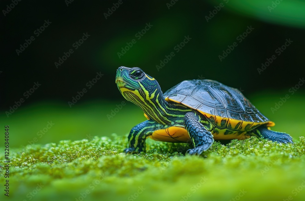 Poster colorful turtle resting on green moss in a lush environment, showcasing intricate patterns and vibra