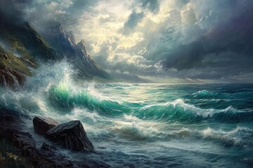 Stunning coastal cliff landscape with turquoise waves crashing against the rocks under a dramatic...