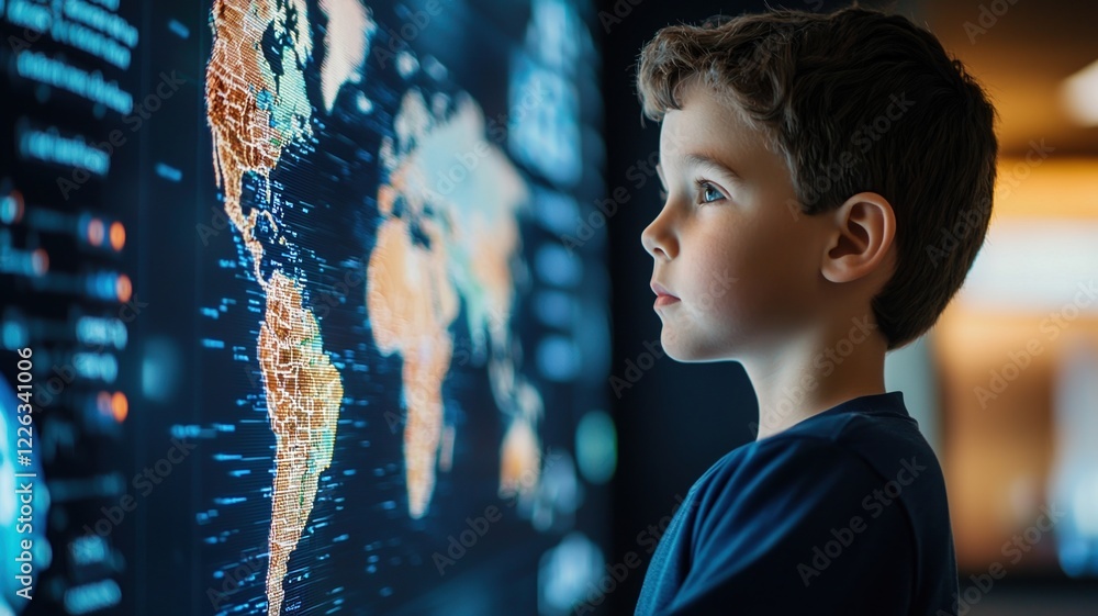 Poster ai-assisted education concepts. child observing a digital world map display with curiosity.