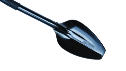 Close-up view of a shiny gardening shovel on a black background. transparent background