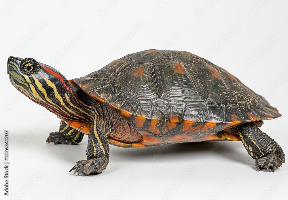 Poster colorful turtle resting on white surface showcasing distinct shell patterns and vivid markings, an a