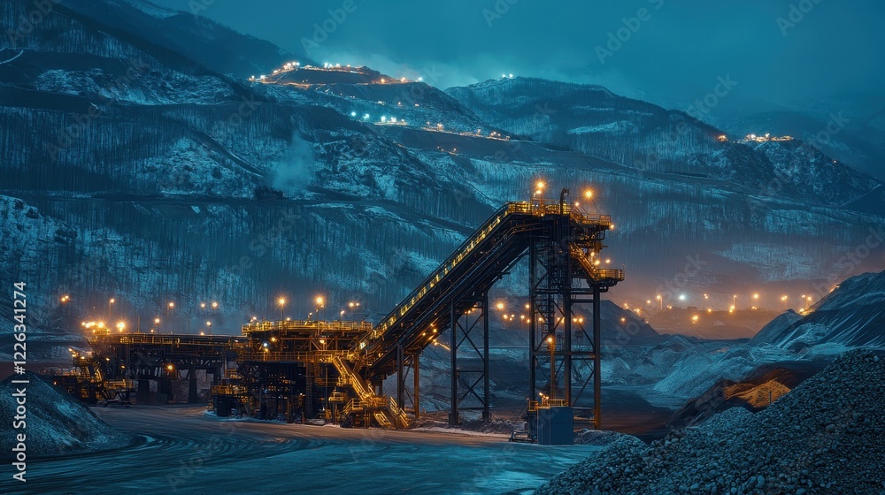 Poster nighttime view of an illuminated mining conveyor belt system against a snowy mountain backdrop. illu