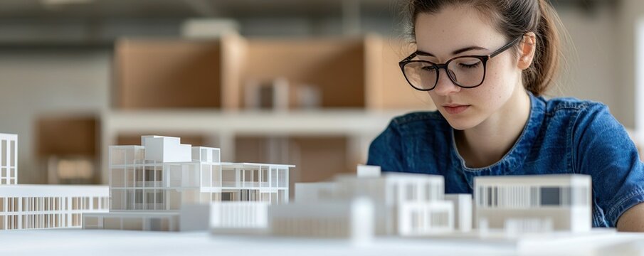 AI-Assisted Education Concepts. Young woman examining architectural model in studio setting.