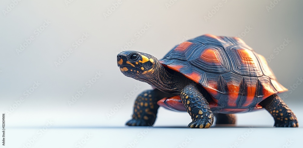 Poster colorful turtle walking on a smooth surface with soft lighting showcasing its unique patterned shell