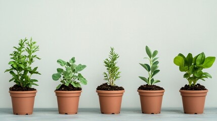 Fototapeta premium Five potted herbs rosemary sage lamb s ear tansy and plectranthus in terracotta pots