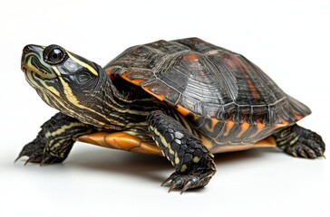 Obraz premium Colorful turtle with intricate shell pattern resting on a white background, showcasing unique textures and natural colors in a close-up photograph
