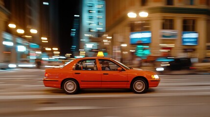 An orange car races through a vibrant urban landscape filled with dazzling lights, highlighting the energy of nighttime city life