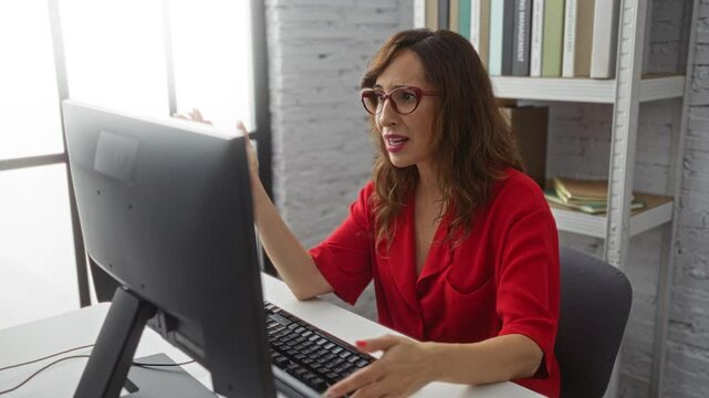 Woman in red top gesturing at computer in modern office with bookshelves emphasizing frustration and focus on screen amid workplace setting.