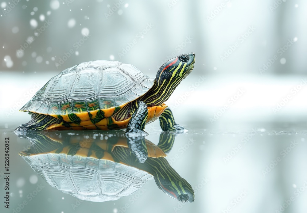 Poster colorful turtle with vibrant patterns on wet surface in serene winter setting with snowflakes fallin