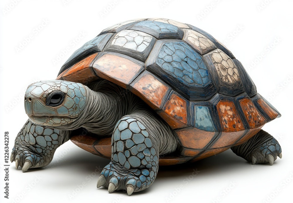 Poster colorful, artistic turtle sculpture with geometric patterns and intricate detailing captured against