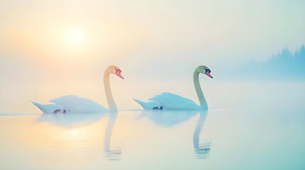 Obraz premium two swans at sunrise, misty lake - pastel color palettes