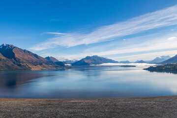 Scenery driving along the shore of Lake Wakatipu between Queenstown and Glenorchy