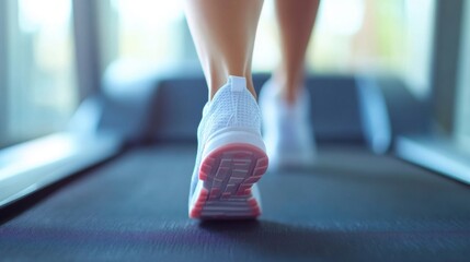 Person enjoys a workout by walking on a treadmill in a bright and modern gym setting, focusing on fitness and health
