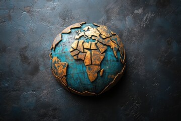 Cracked globe with gold continents on dark background. Illustrates global issues, fragility, or interconnectedness.