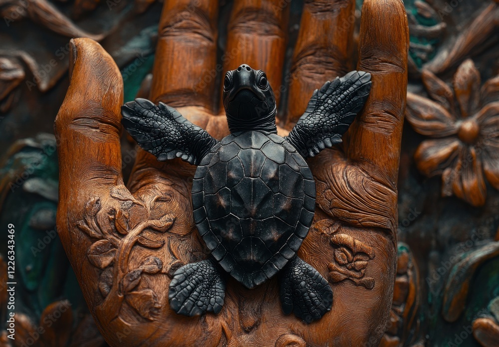 Poster detailed artwork of a turtle resting on a hand carved from wood surrounded by intricate floral patte