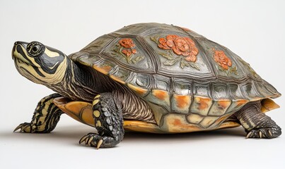 Fototapeta premium Detailed Artistic Representation of a Turtle with Floral Decorations Showcasing Nature and Craftsmanship in a Studio Setting