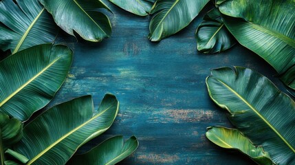 Obraz premium Lush Green Tropical Leaves on Wooden Surface Background