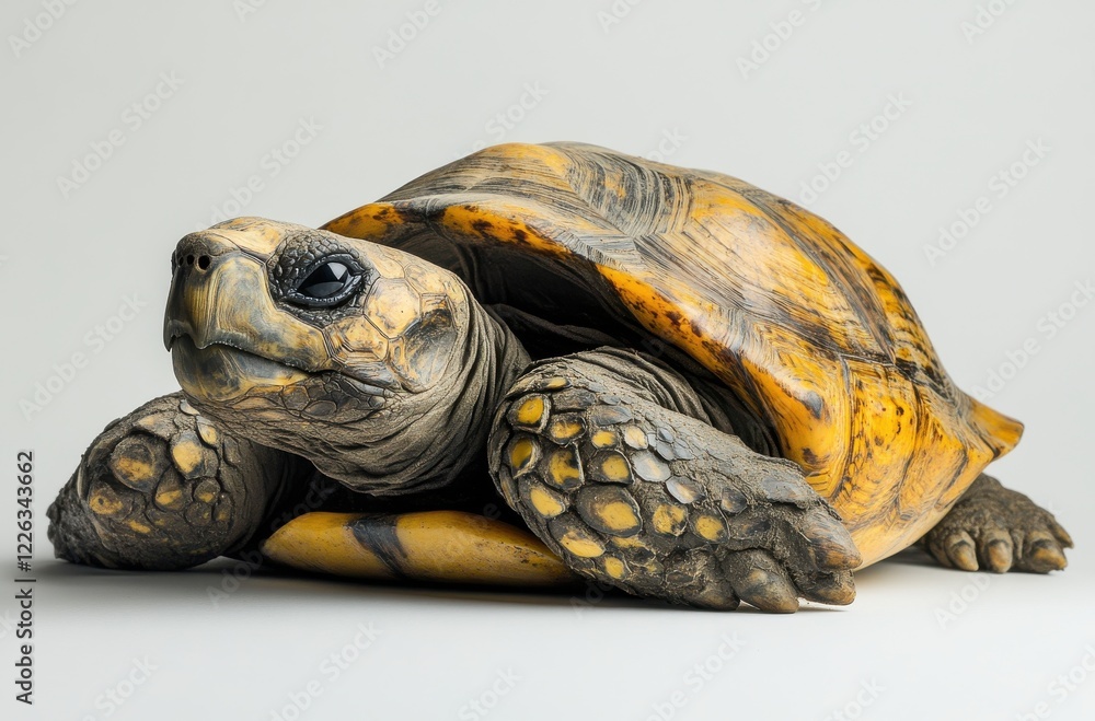 Poster detailed close-up of a beautiful tortoise with striking shell patterns on a neutral background showc