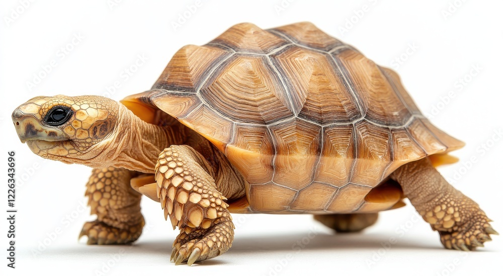 Poster detailed close-up of a beautiful turtle walking with texture and color variations against a simple w