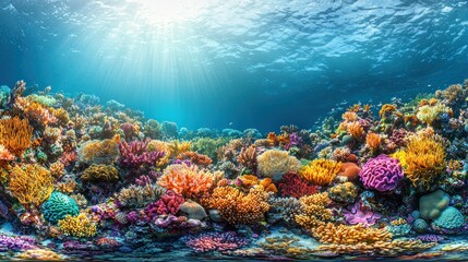 Naklejka premium Vibrant Underwater Coral Reef Panorama: A Colorful Ocean Wonderland
